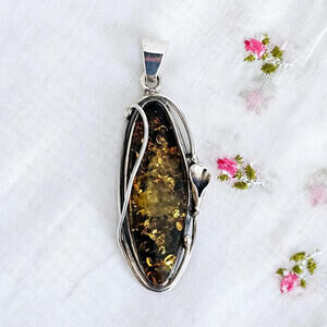 Large Green Baltic Amber Sterling Silver Pendant Handmade Artisan Flower Leaves